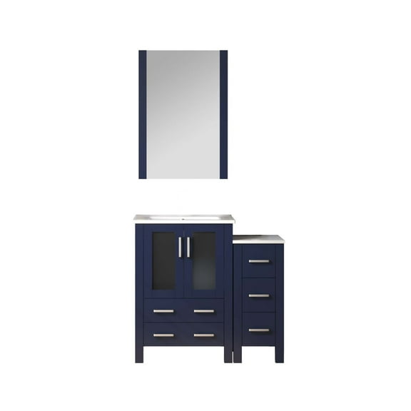 Volez 36 in W Navy Blue Bath Vanity with Side Cabinet, Ceramic Top, and 22 in Mirror