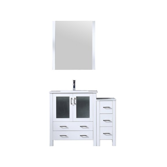 Volez 42 in W Bath Vanity with Side Cabinet, Faucet Set, Ceramic Top, and 28 in Mirror