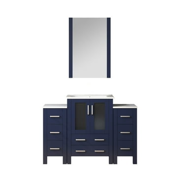 Volez 48 in W Navy Blue Bath Vanity with Side Cabinets, Ceramic Top, and 22 in Mirror