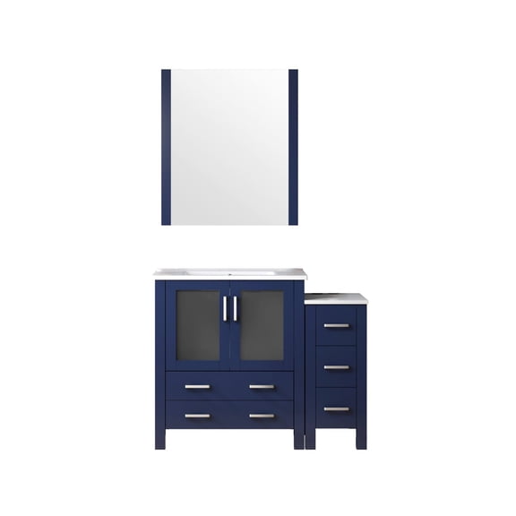 Volez 48 in W Navy Blue Single Vanity with Side Cabinet, Ceramic Top, and 34 in Mirror