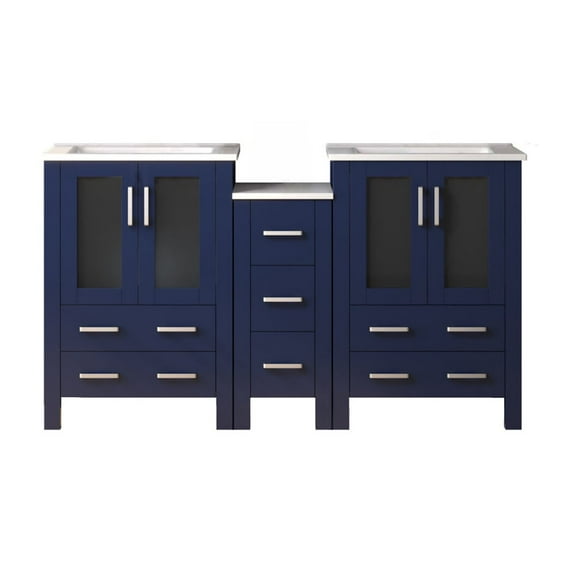 Volez 60 in W Navy Blue Double Bath Vanity with Side Cabinet, and White Ceramic Top