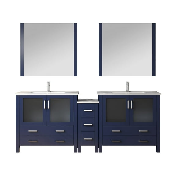 Volez 84 in W Navy Blue Vanity with Side Cabinet, Faucet Set, Ceramic Top, & 34" Mirrors
