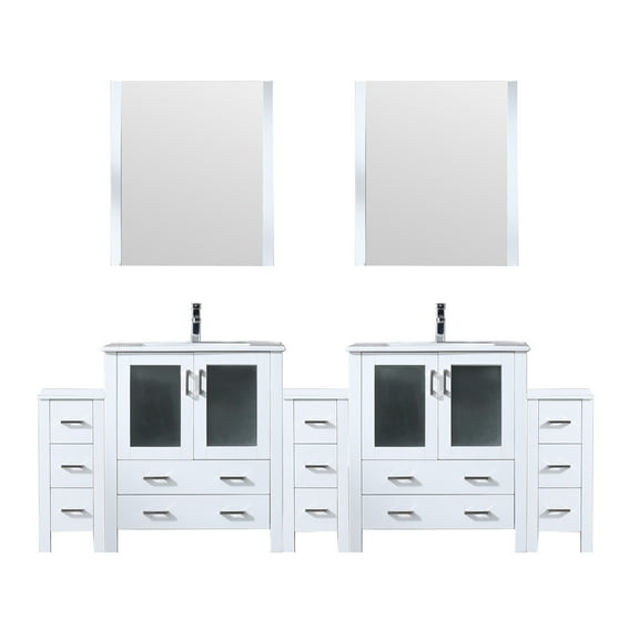 Volez 96 in W Double Vanity with Side Cabinets, Ceramic Top, 28 in Mirrors, & Faucet Set