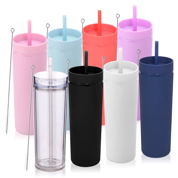 Neihepal 20 oz Plastic Skinny Tumbler with Lid and Straw, Double Wall Reusable Travel Cup for Iced Coffee, BPA-Free, 8-Pack (Assorted)