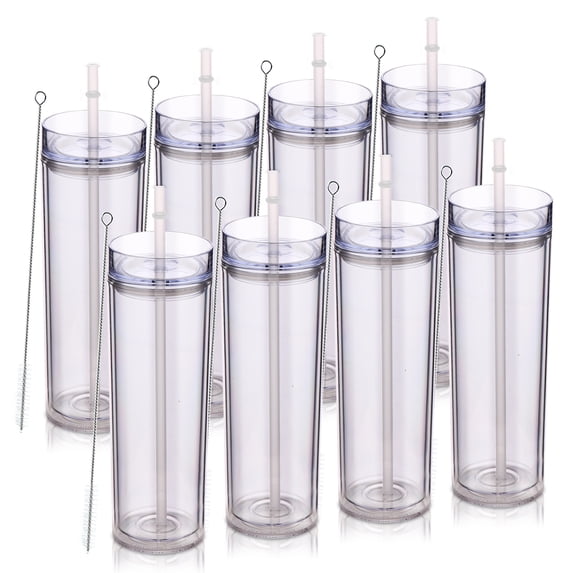 Neihepal 20 oz Plastic Skinny Tumbler with Lid and Straw, Double Wall Reusable Travel Cup for Iced Coffee, BPA-Free, 8-Pack (Clear)