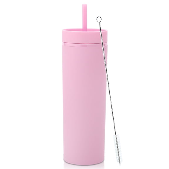 Neihepal 20 oz Plastic Skinny Tumbler with Lid and Straw, Double Wall Reusable Travel Cup for Iced Coffee, BPA-Free (Pink)