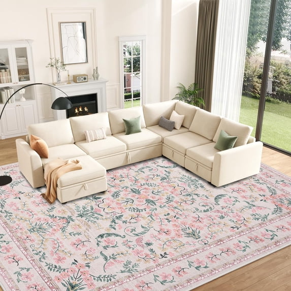 Volkmi 10*13FT Washable Area Rugs for Living Room: Floral Washable Rug Vintage Large Soft Boho Non-Slip Carpet Indoor Floor Stain Resistant Carpets for Bedroom Dining Room Farmhouse