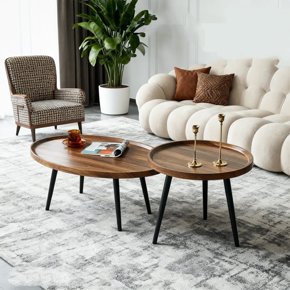Volkmi Coffee Table Set of 2 for Balcony Living Room Modern Round Side Tables Rustic Brown