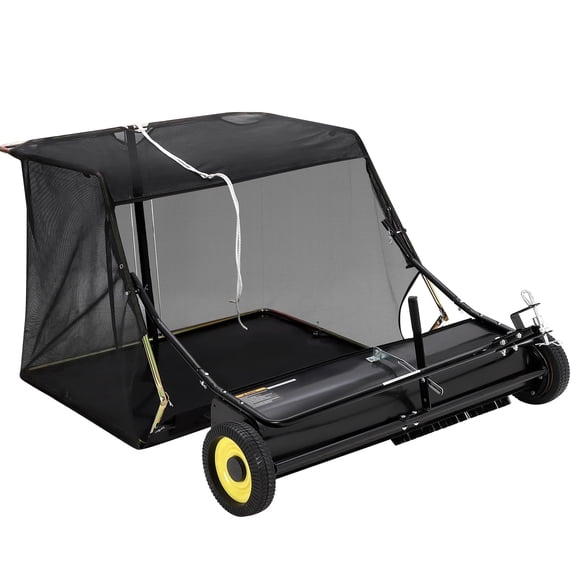 Volkmi 44.5 Inch 24 Cu Ft Tow Behind Lawn Sweeper with Adjustable Sweeping Height, Easy Dumping Rope