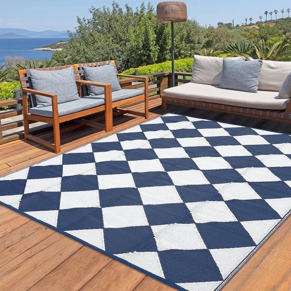 Volkmi Outdoor Rug–Waterproof Reversible Plastic Straw Patio Mat, Modern Geometric & Checkered, Easy Clean, Collapsible with Carry Bag, Navy/White, for Camping, Beach – 9*12ft
