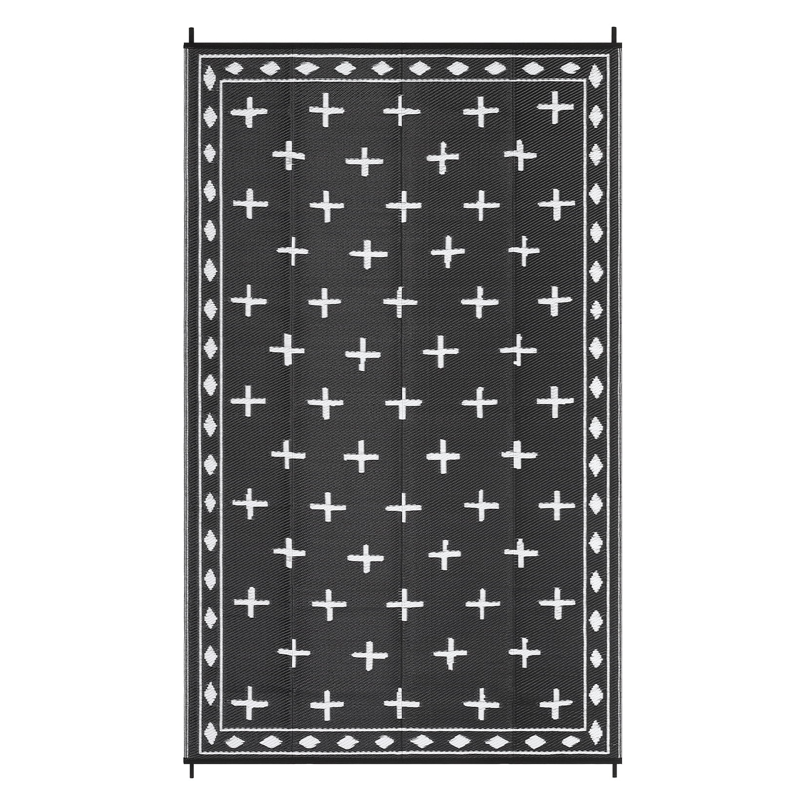 Volkmi Reversible Geometric Outdoor Rug – Waterproof, UV Resistant Low-Pile Plastic Mat for Patio, Garden, Camping, Easy to Clean, Large 8x10 ft, Black/White, USA Specs