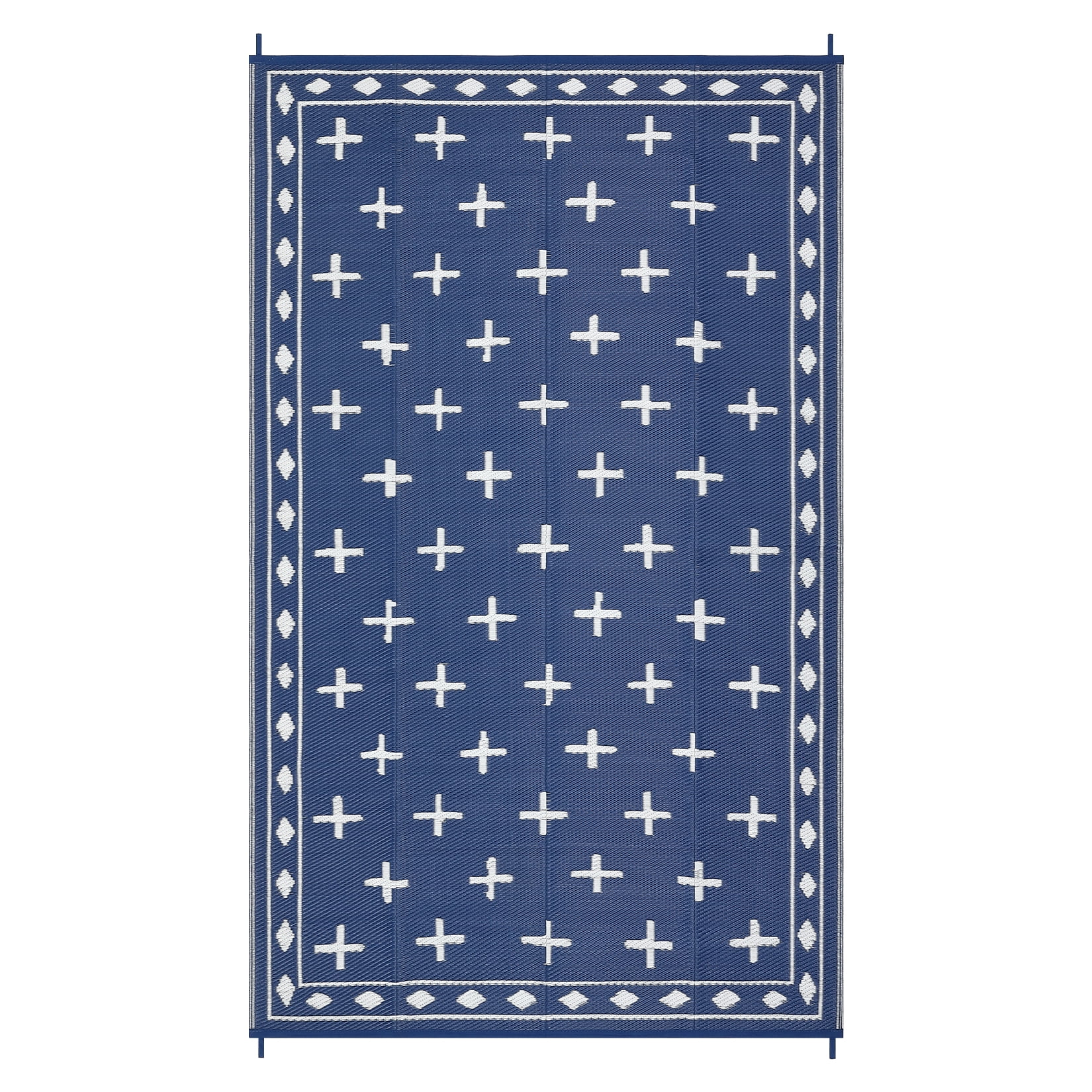 Volkmi Reversible Geometric Outdoor Rug – Waterproof, UV Resistant Low-Pile Plastic Mat for Patio, Garden, Camping, Easy to Clean, Large 9x12ft, Deep Blue/White, USA Specs
