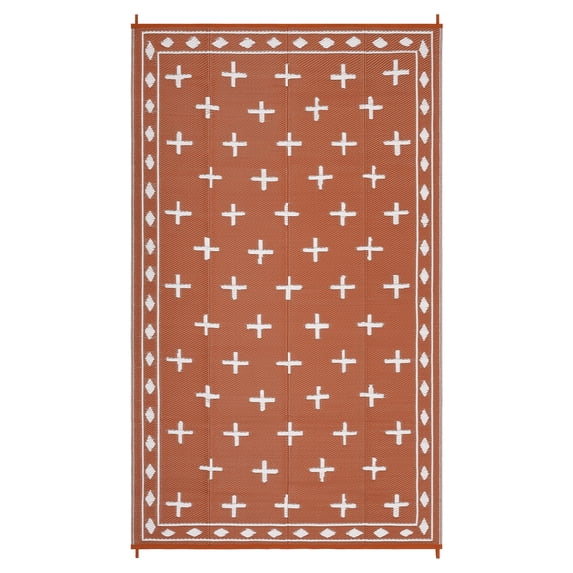 Volkmi Reversible Geometric Outdoor Rug – Waterproof, UV Resistant Low-Pile Plastic Mat for Patio, Garden, Camping, Easy to Clean, Large 9x18 ft, Red Peach Orange/White, USA Specs