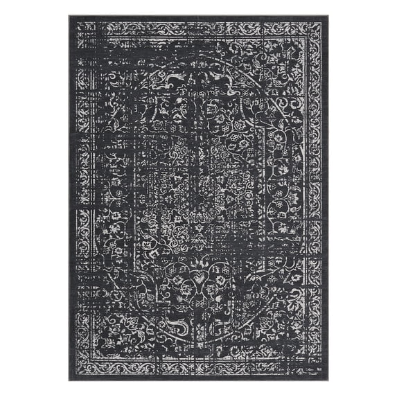 Volkmi Washable Vintage Area Rug – 8x10ft Black, Distressed Oriental Floral Low Pile Carpet, Non-Slip, Collapsible Thin Soft Mat for Living Room, Bedroom, Dining, Office – USA Specification
