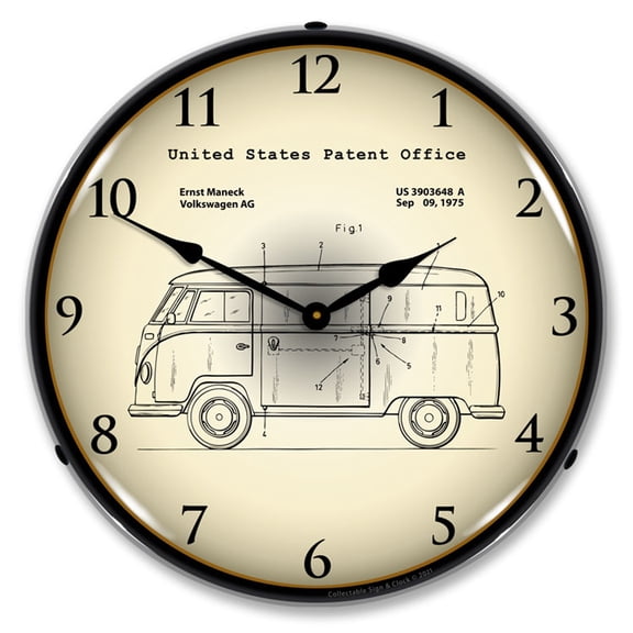 Collectable Sign and Clock Volkswagen Bus 1975 Patent  LED Lighted Premium Wall Clock