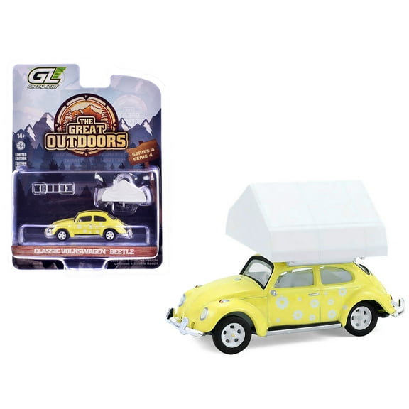 Volkswagen Classic Beetle Yellow with White Flower Graphics w/Cartop Sleeper Tent 1/64 Scale Diecast Model Cars by Greenlight