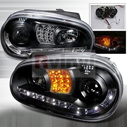 Volkswagen Golf 1999 2000 2001 2002 2003 2004 R8 Style LED Halo Projector Headlights - Black With LED Signal