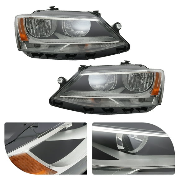 Volkswagen Jetta 2012-2018 Headlight Assembly, Clear Lens, Halogen High/Low Beam, Turn Signal, Black Housing, Direct Replacement