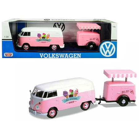 Volkswagen T1 Delivery Van with Ice-Cream Trailer Pink and White "Ice-Cream Shop" 1 24 Diecast Model Car by Motormax