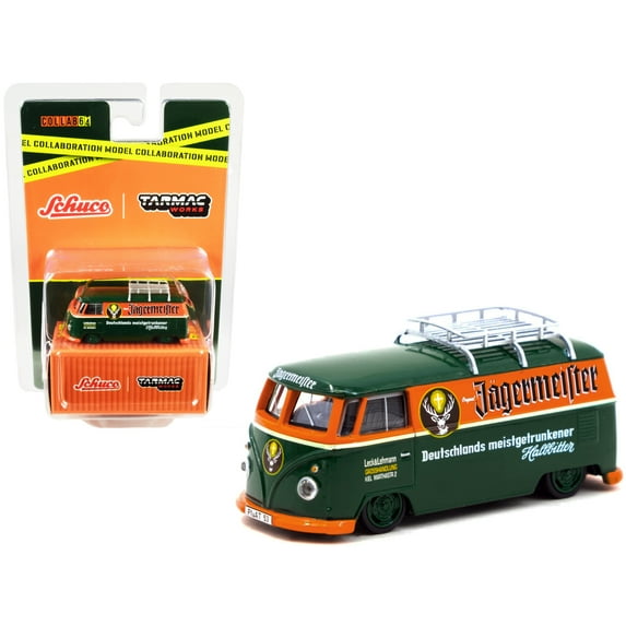 Volkswagen T1 Van Low Ride w/Roof Rack "Jagermeister" Green & Orange "Collaboration Model" 1/64 Diecast by Schuco & Tarmac Works