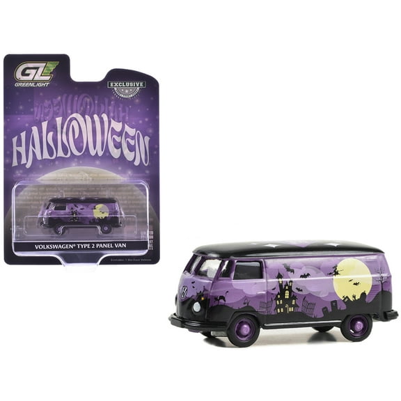 Volkswagen Type 2 Panel Van "Halloween 2025" Black and Purple with Graphics 1/64 Diecast Model Car by Greenlight