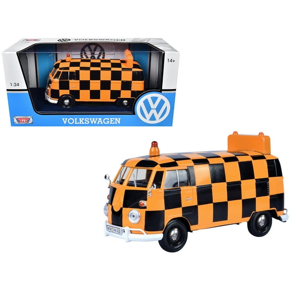 Volkswagen Type 2 (T1) Airport Runway Delivery Van Black and Orange Checkered 1/24 Diecast Model Car by Motormax