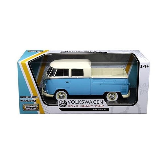 Volkswagen Type 2 (T1) Double Cab Pickup Truck Blue/Cream 1/24 Diecast Model Car by Motormax