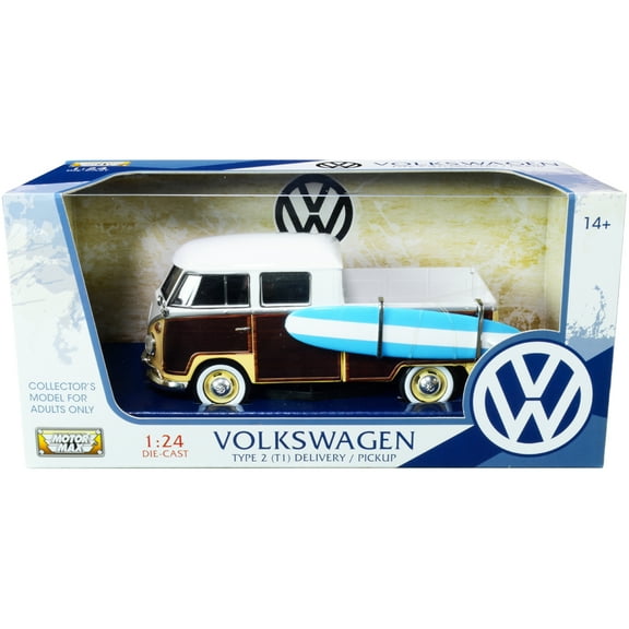 Volkswagen Type 2 (T1) Pickup White and Yellow with Wood Paneling with Surfboard 1/24 Diecast Model Car by Motormax