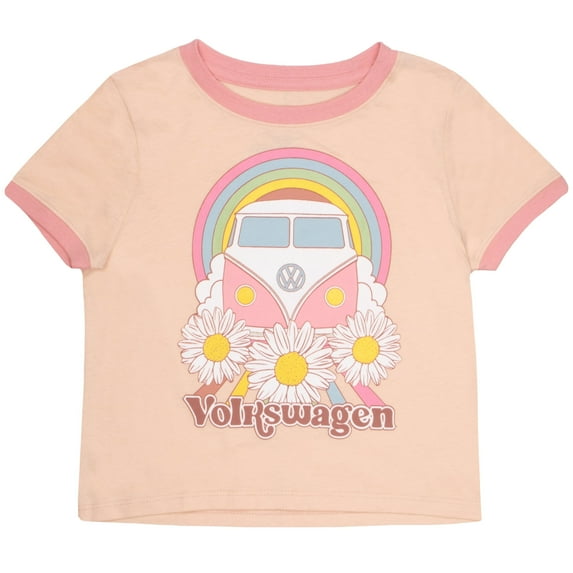 Volkswagen Van Girls Short Sleeve Ringer T-Shirt, Volkswagen Retro Cars Short Sleeve Tee for Girls (Sizes 4-6)