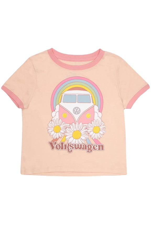 Van Girls Short Sleeve Ringer T-Shirt, Volkswagen Retro Cars Short Sleeve Tee for Girls (Sizes 4-6)