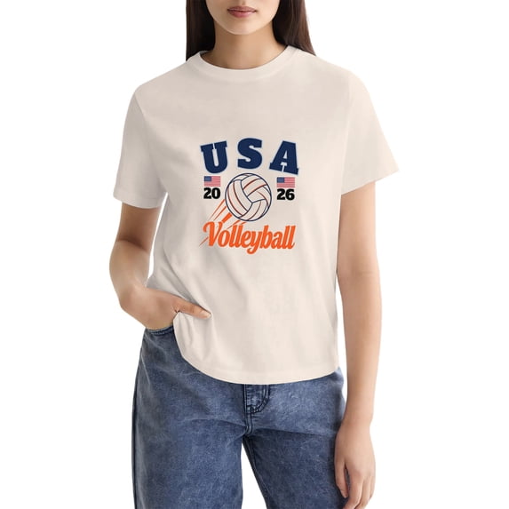Volleyball 2026 Women Shirt USA Volleyball Match Season Jersey Game Day T-Shirt Funny Graphic Short Sleeve Shirt Apricot M