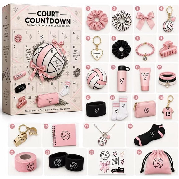 Volleyball Advent Calendar 2026 24 Days of Surprises, Christmas Countdown Calendar Party Favors Hair Accessories,Socks,Wristbands,Pouches,Vanity Extras for Girls Who Actually Live Volleyball