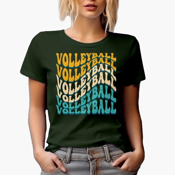 Volleyball, Athlete or Sports Themed, Groovy Retro Wavy Text Merch Gift, Military Green T-Shirt, XL