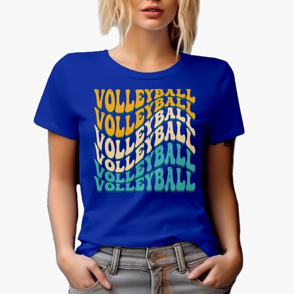 Volleyball, Athlete or Sports Themed, Groovy Retro Wavy Text Merch Gift, Royal Blue T-Shirt, Large