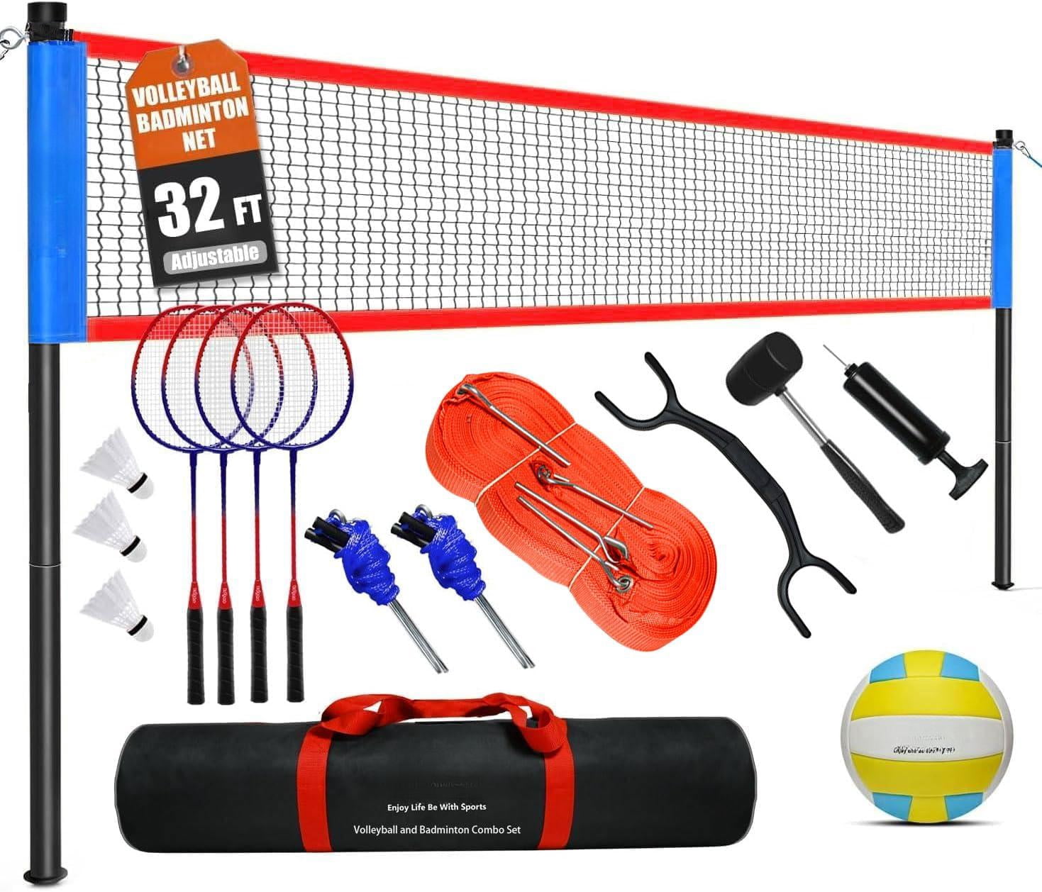 Volleyball And Badminton Combo Set For Backyard - 20ft/32ft Volleyball/badminton Net With Adjustable Height Pole Anti-sag System Volley Ball  Racquets Boundary Line Carry Bag