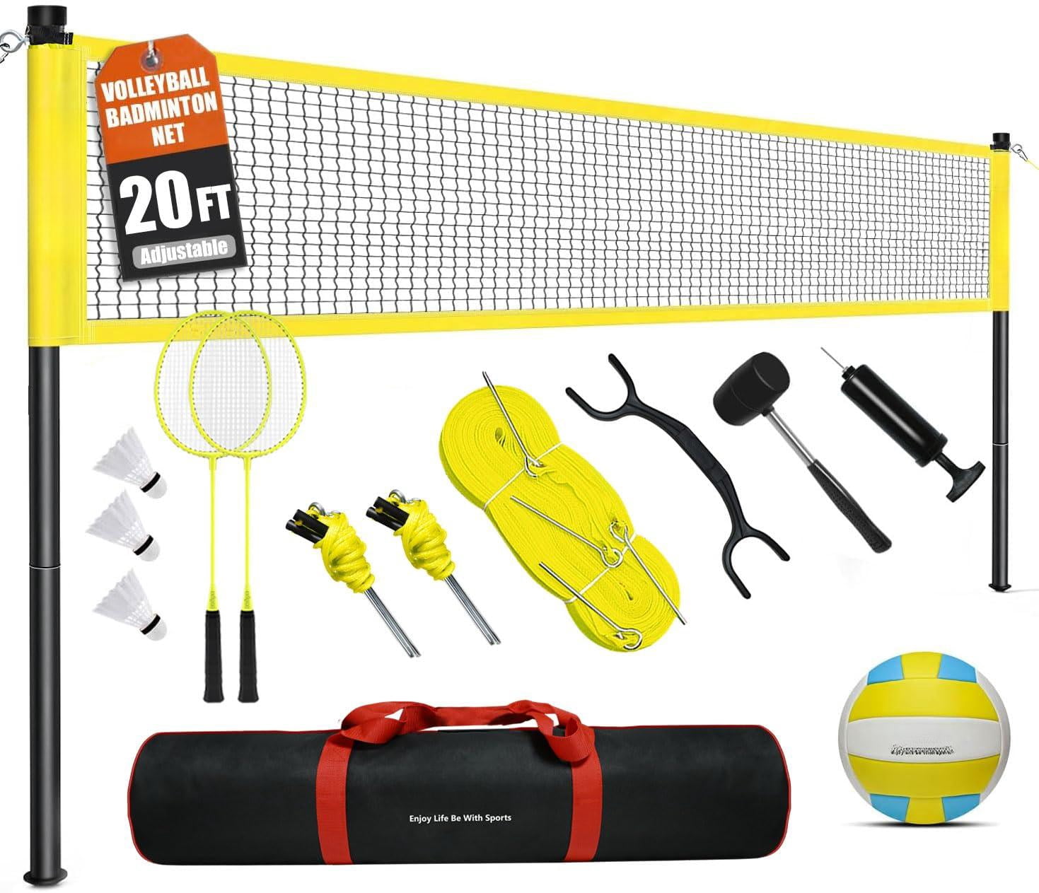 Volleyball And Badminton Combo Set For Backyard - 20ft/32ft Volleyball/badminton Net With Adjustable Height Pole Anti-sag System Volley Ball  Racquets Boundary Line Carry Bag