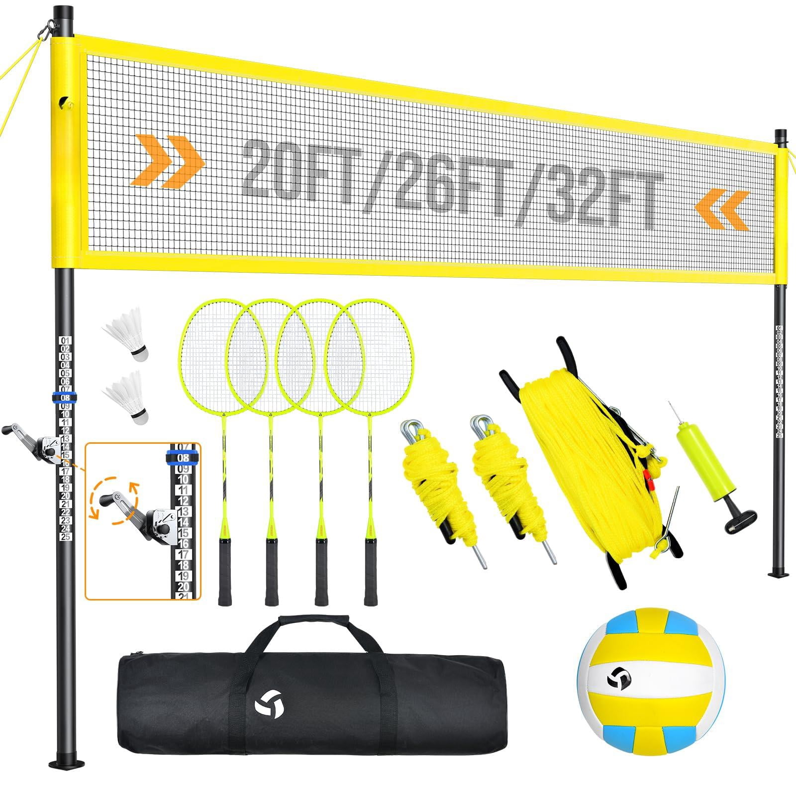 Volleyball Badminton Net Set Combo For Backyard Beach  2-in-1 Adjustable With 4 Heights (5.1-8ft) & 3 Widths (20-32ft) 4 Aluminum Rackets Goose Shuttlecocks Carrying Bag