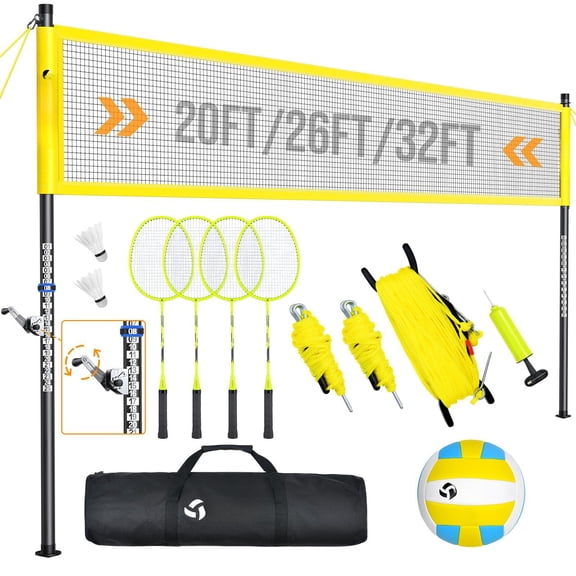 Volleyball Badminton Net Set Combo For Backyard Beach 2-in-1 Adjustable With 4 Heights (5.1-8ft) & 3 Widths (20-32ft) 4 Aluminum Rackets Goose Shuttlecocks Carrying Bag