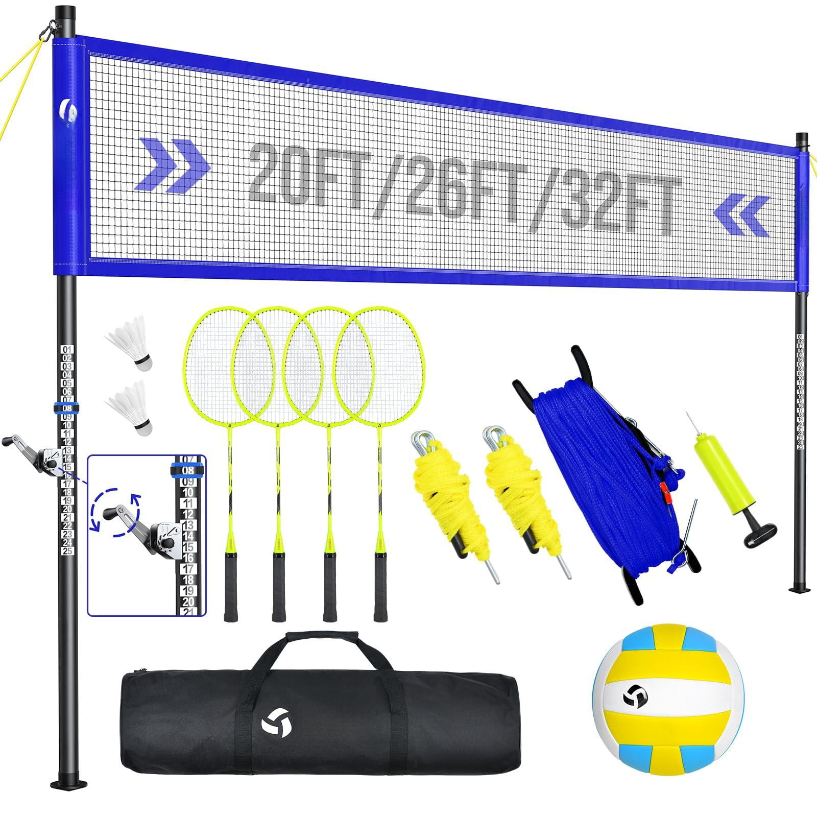 Volleyball Badminton Net Set Combo For Backyard Beach  2-in-1 Adjustable With 4 Heights (5.1-8ft) & 3 Widths (20-32ft) 4 Aluminum Rackets Goose Shuttlecocks Carrying Bag