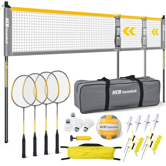 Volleyball Badminton Net Set with Adjustable Poles 4 Rackets 4 Shuttlecocks Pump