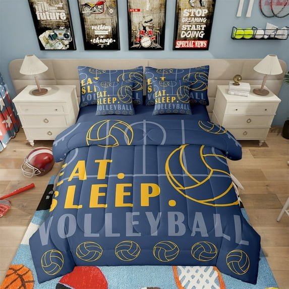 Volleyball Bed in a Bag Twin Sport Game Ball Theme Comforter Set with Sheets Volleyball Room Decor Bed Set Sports Bedding Sets Teen Sports Sheets 7 Pcs Navy Blue Yellow