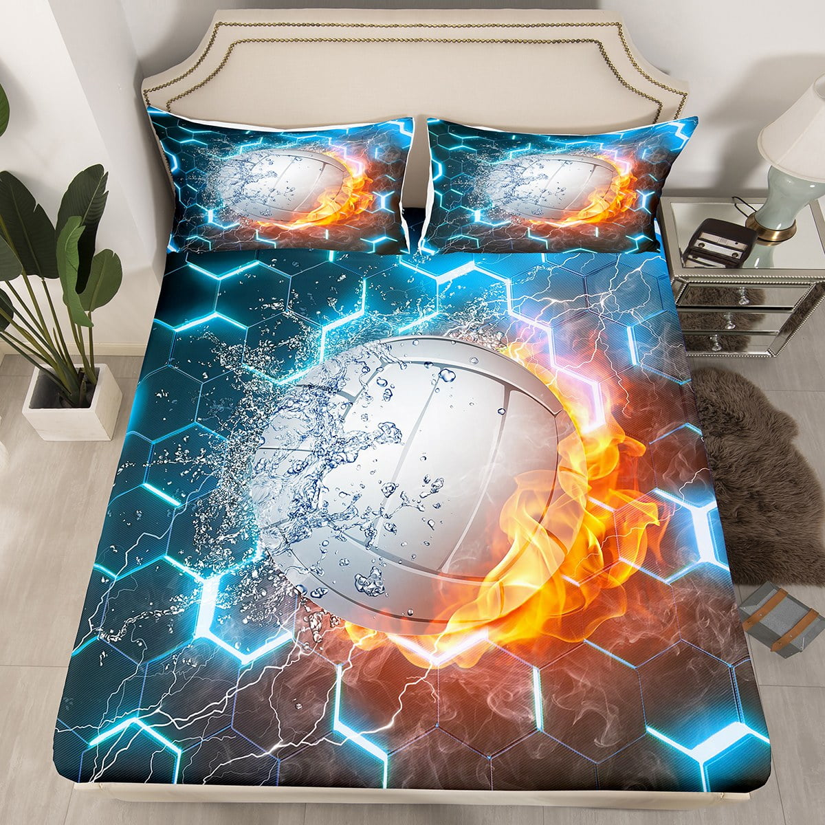 Volleyball Bedding Set For Kids, Blue Gradient Hexagon Bed Sheets Twin
