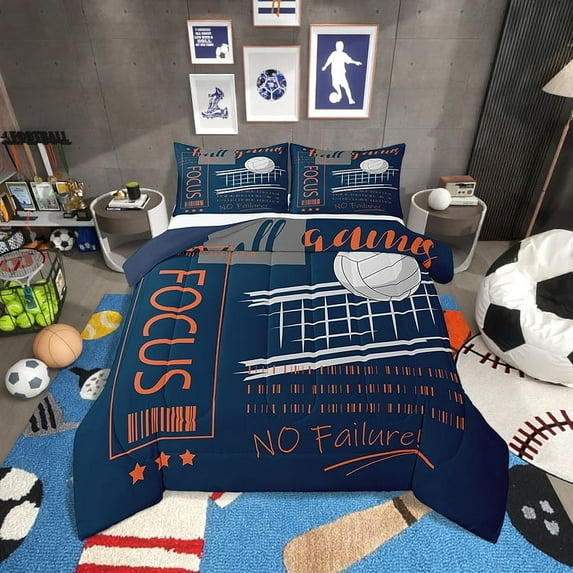 Volleyball Bedding Set Full Size Sports Theme Comforter Sets Teens,Blue Orange Volleyball Down Comforter Ball Gaming Quilt Bed Set Room Decor with 2 Pillowcases