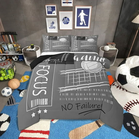 Volleyball Bedding Set Queen Size Sports Themed Comforter&nbsp;Sets Teens,Gray Volleyball Down Comforter Ball Gaming Quilt Bed Set Bedroom Decor with 2 Pillowcases