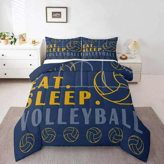 Volleyball Bedding Sets Full Sport Game Ball Theme Comforter Sets Volleyball Room Decor Down Comforter Sports Comforter Sets Teen Sports Bedding Bed Set 3 Pcs Navy Blue Yellow