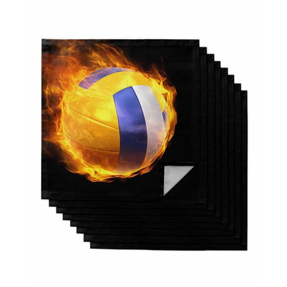 Volleyball Cloth Napkins Set of 8 Reusable Dinner Napkins, Modern Buruning Flame Sport Black Background Cocktail Napkin Washable Table Napkins for Wedding/Holiday Party/Baby Shower 20"x20"