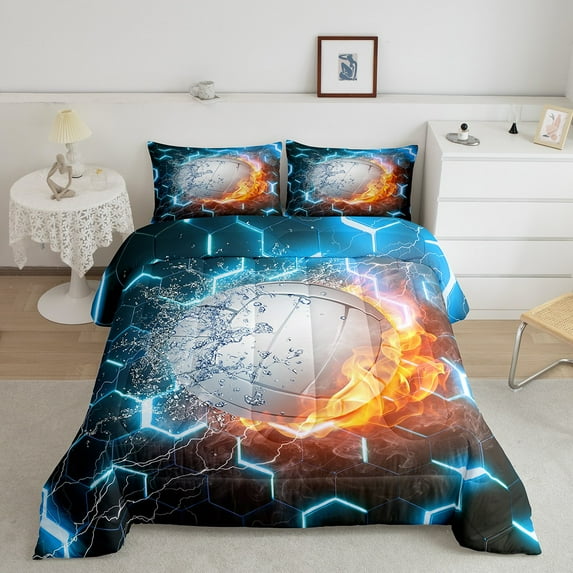 Volleyball Comforter Set , Blue Gradient Hexagon Quilt Queen Size Teens Adult Bedroom, Sports Games Bedding Set Geometric Neon Honeycomb Duvet Insert 3 Pieces With 2 Pillow Cases