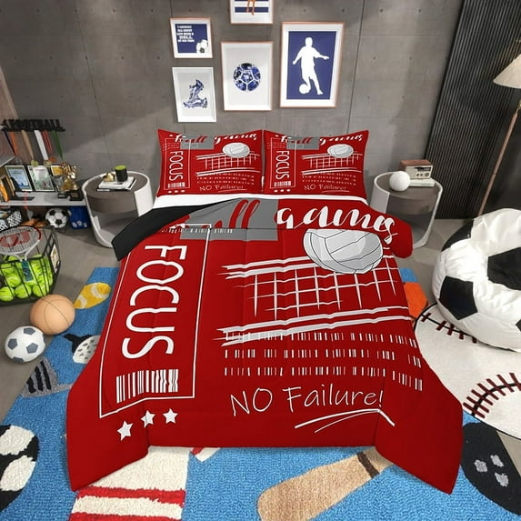 Volleyball Comforter&nbsp;Set King Size Volleyball Bedding Set Teens,Red Sports Themed Bed Comforter&nbsp;Sets Ball Gaming Quilt Bed Set Room Decor with 2 Pillowcases