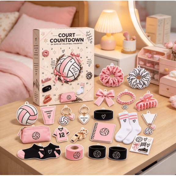 Volleyball Court Countdown Advent Calendar, 24 Days Surprise Christmas Advent Kit, Volleyball Theme Trinkets And 2D Acrylic Charms, Xmas Stocking Stuffer & Gift For Sports Enthusiasts
