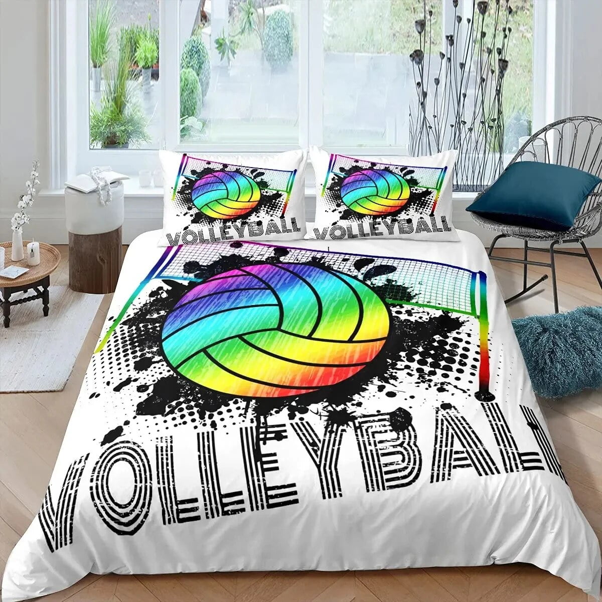 Volleyball Duvet Cover Set Microfiber Sports Ball Theme Fire and Water